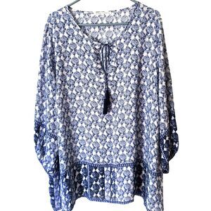 Violet & Claire Top 3X Purple Blue Paisley Boho Coastal Peasant Artsy Front Tie